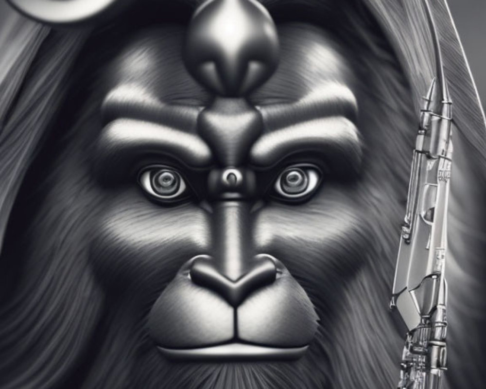 Grayscale digital artwork: Lion with mechanical features and cybernetic enhancements