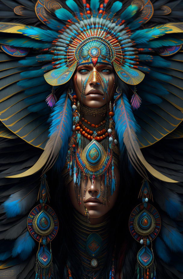 Intricate headdress with vibrant feathers and tribal jewelry on poised figures.