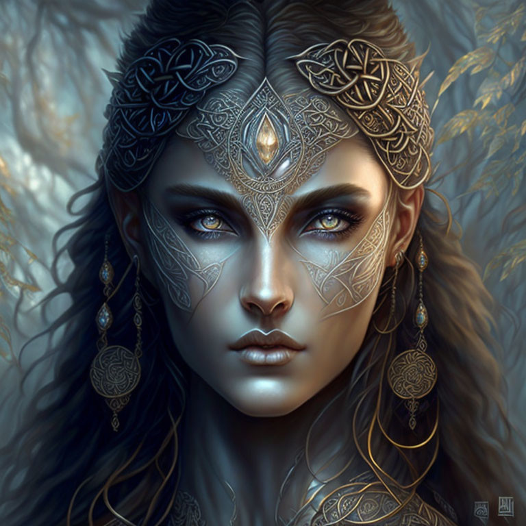 Regal woman with blue eyes in ornate headpiece and golden leaf backdrop.