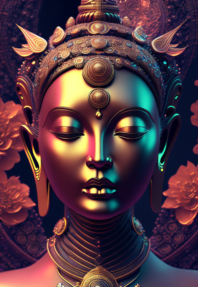 Serene mystical figure with golden ornaments and florals on dark background