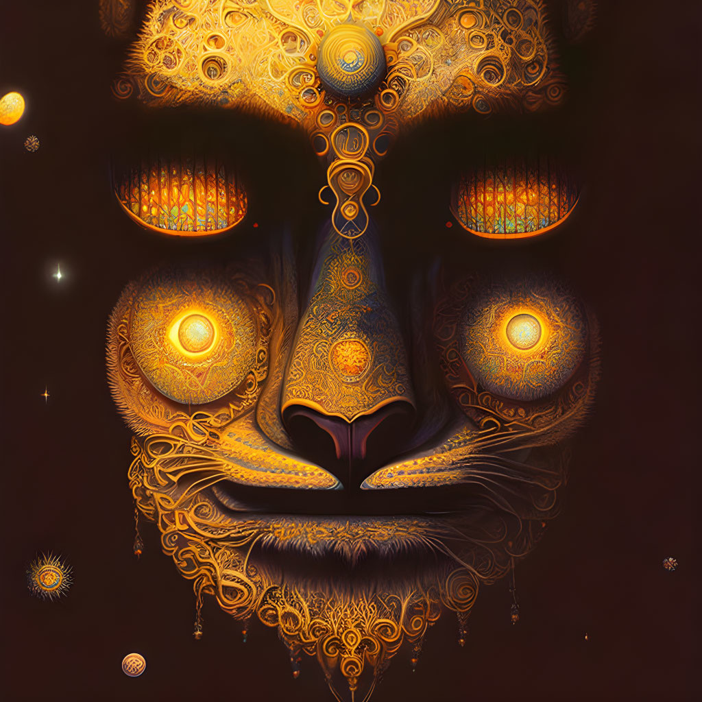 Symmetrical Tiger Face Design with Glowing Eyes on Dark Background