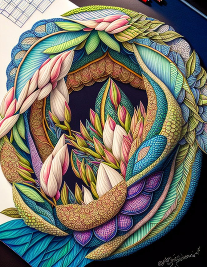 Intricate layered paper art with geometric designs on wood backdrop