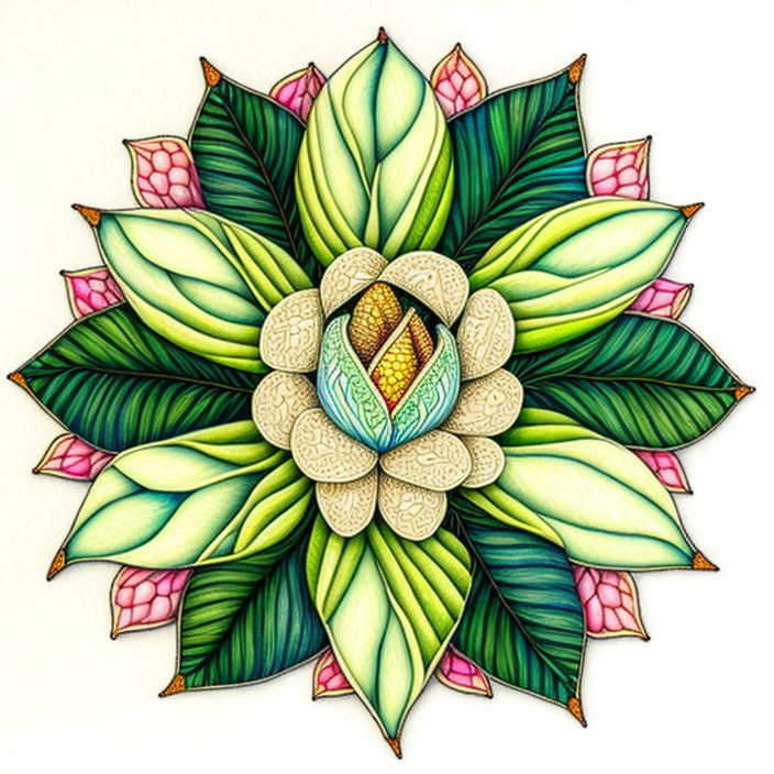 Vibrant blooming mandala with green, yellow, and pink leaf patterns