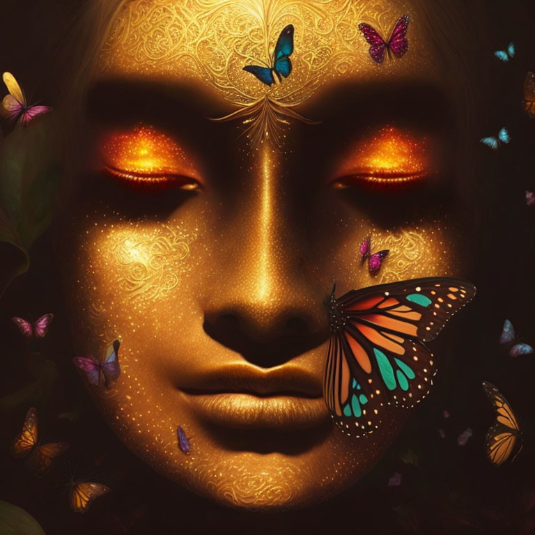 Gold-Embellished Face with Orange Eyes and Butterflies on Dark Background