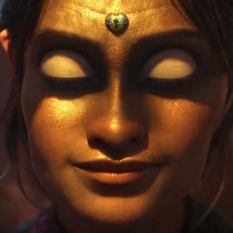 Person with Closed Eyes, Golden Makeup, and Green Bindi in Warm Light