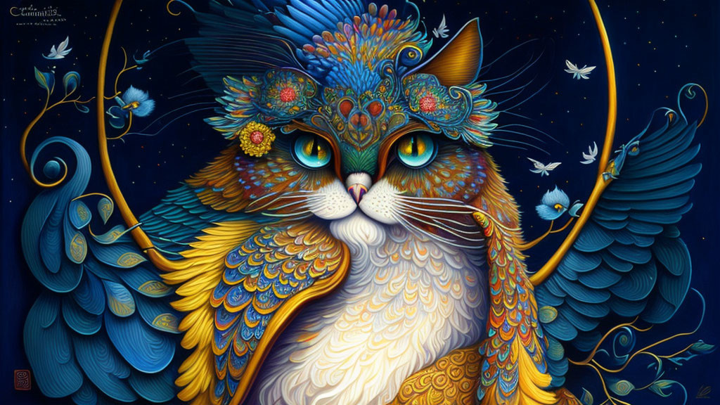 Colorful illustration of majestic winged cat with halo and butterflies