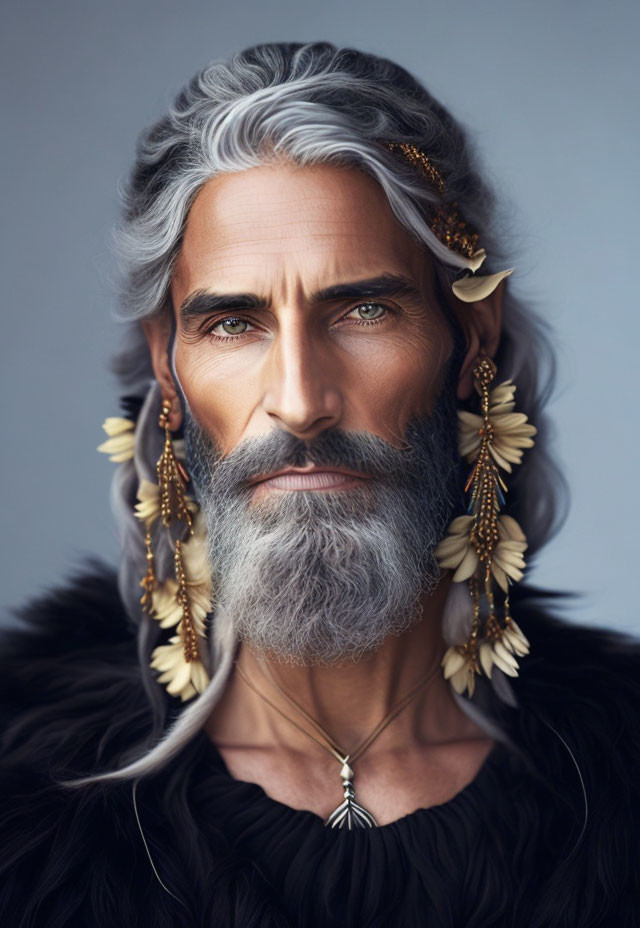 Elderly man with gray hair, beard, gold leaf earrings on neutral backdrop