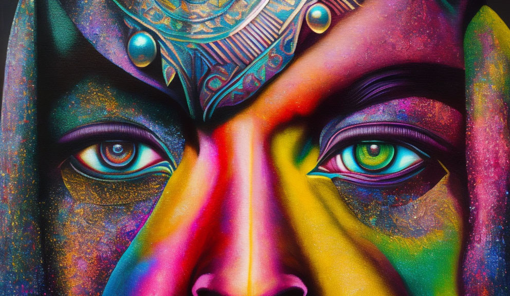 Colorful close-up artwork of eyes and forehead with ornate details on multicolored background