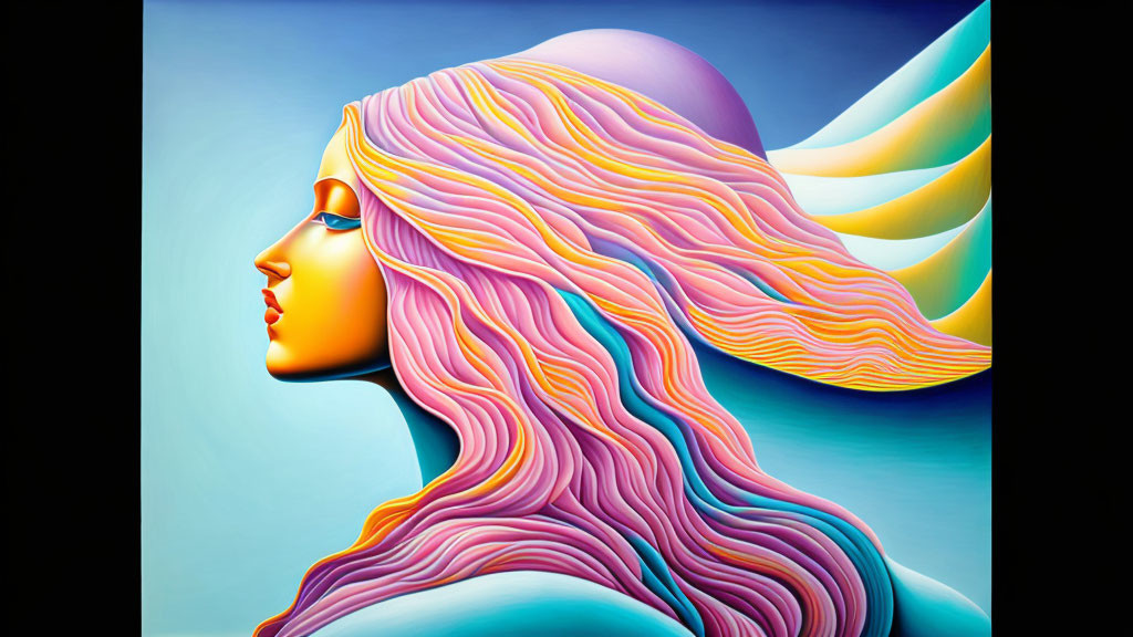 Multicolored Hair Woman on Surreal Blue Yellow Background