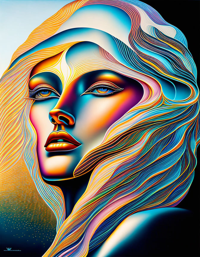 Vibrant portrait of a woman with flowing, psychedelic hair.