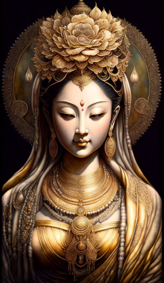 Intricate illustration of serene deity in gold and lotus motifs