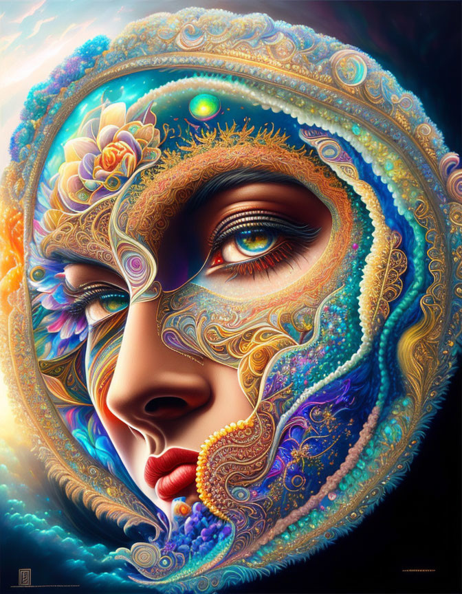 Colorful Feminine Face Illustration with Swirling Patterns and Cosmic Elements
