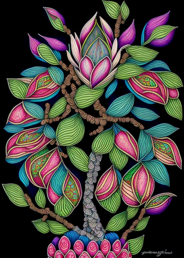 Colorful Stylized Tree Artwork with Pink, Blue, and Green Leaves