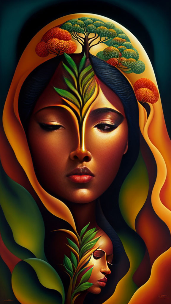 Vibrant artwork: Woman with tree growing from head symbolizes nature connection