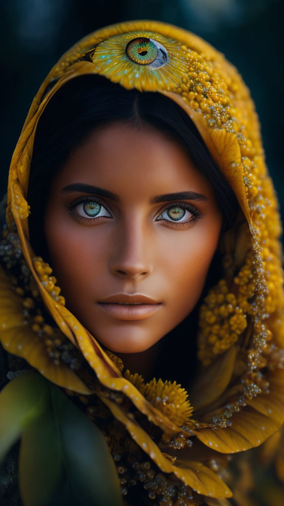 Woman with Blue Eyes in Yellow Floral Hooded Garment and Dewdrops