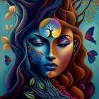 Colorful stylized portrait of a woman with blue and gold designs