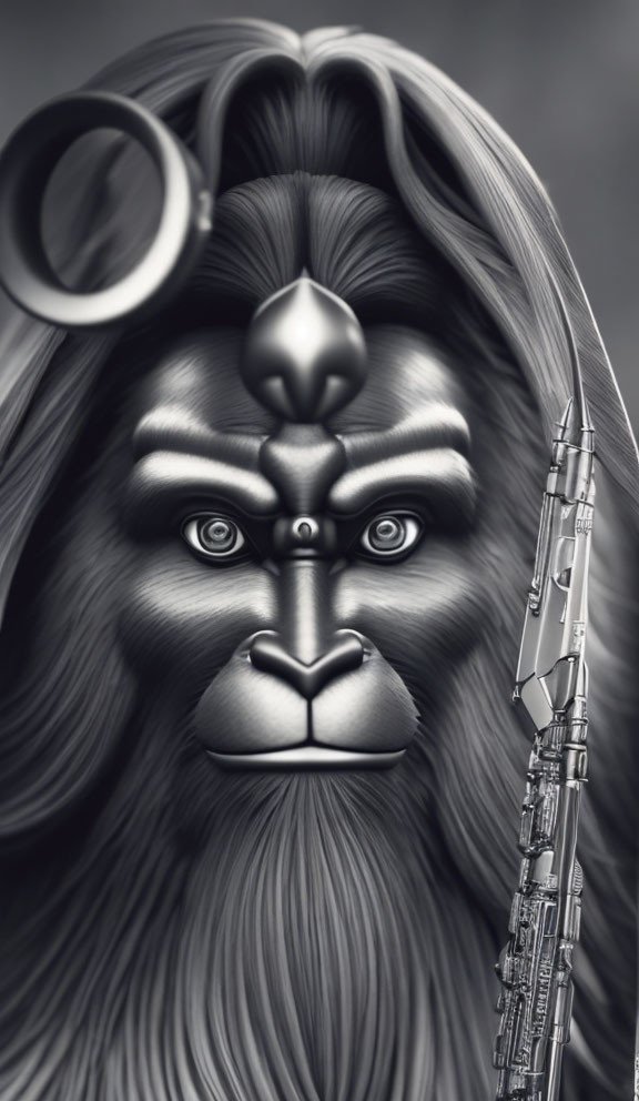 Grayscale digital artwork: Lion with mechanical features and cybernetic enhancements