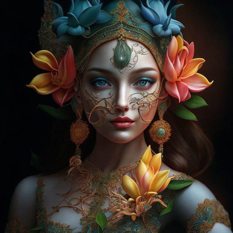 Digital portrait of woman with gold jewelry and floral crown on dark background