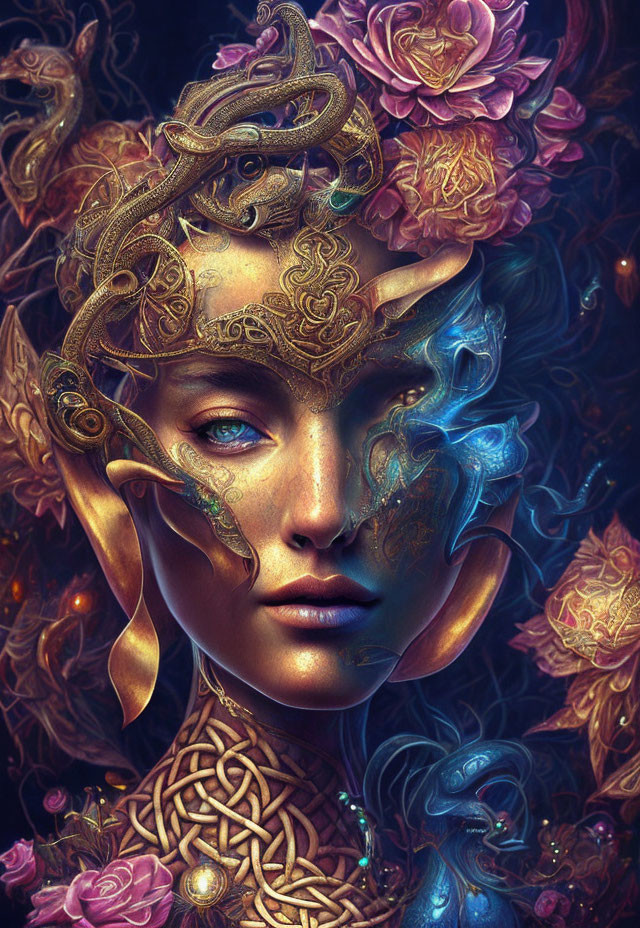 Character with elaborate golden headdress among vibrant flowers & blue wisps