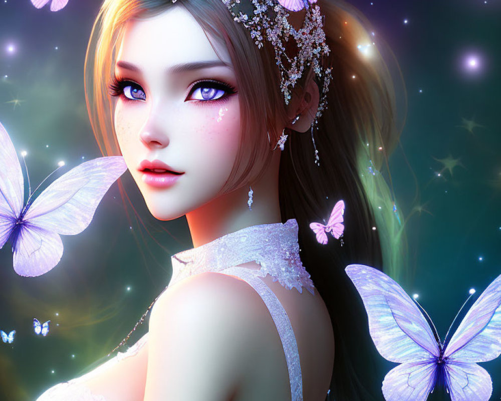 Animated female character with large purple eyes and floral headpiece, surrounded by glowing butterflies in a magical setting