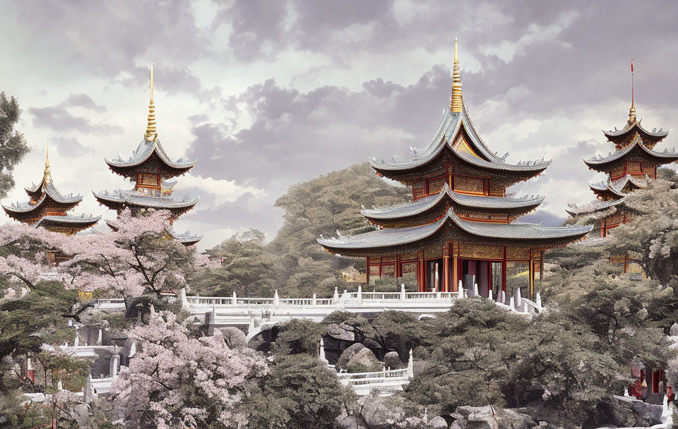 Asian Landscape: Pagodas, Arched Bridge, Cherry Blossoms