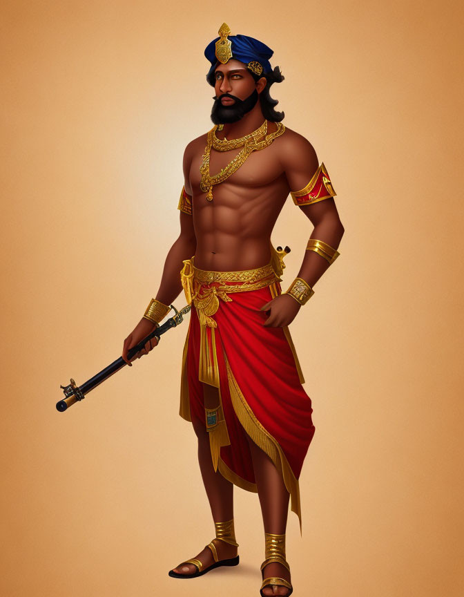 Muscular man in Indian warrior attire with sword & crown