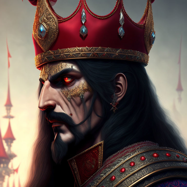 Regal bearded character with red and gold crown and piercing red eyes