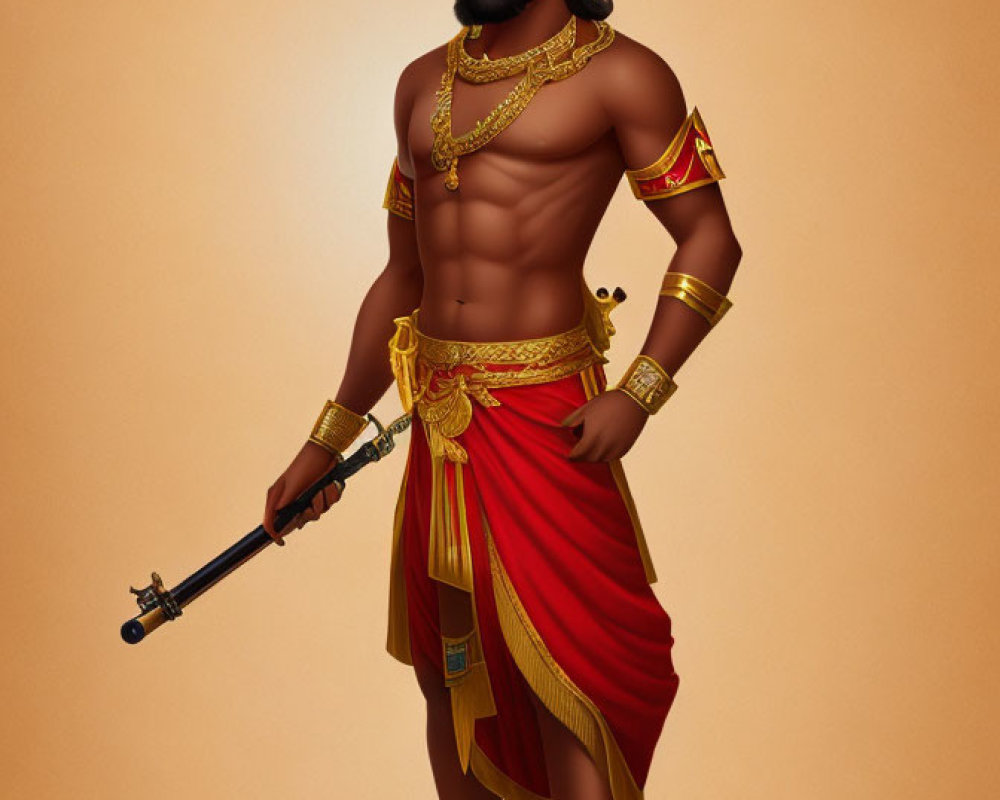 Muscular man in Indian warrior attire with sword & crown