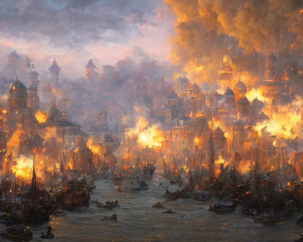 Cityscape engulfed in flames with billowing smoke and crowded boats