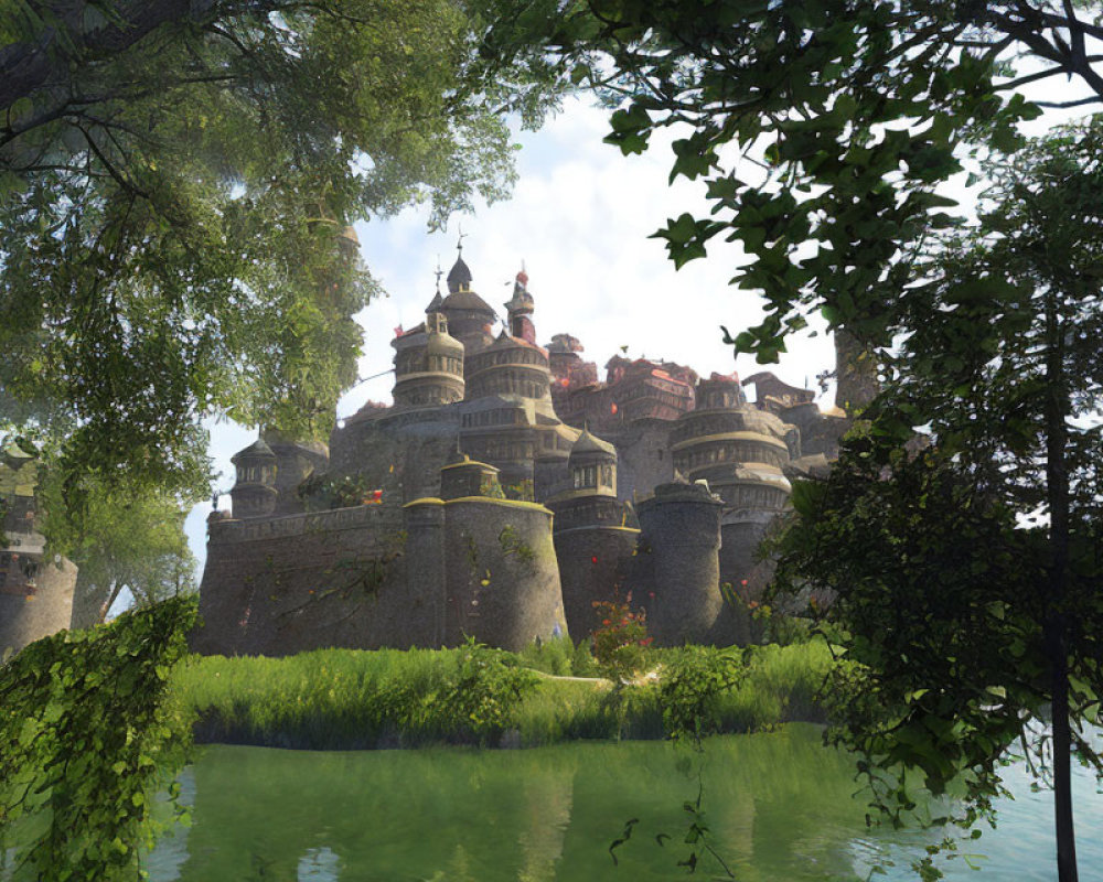 Digital artwork of grand castle in lush greenery by calm waters