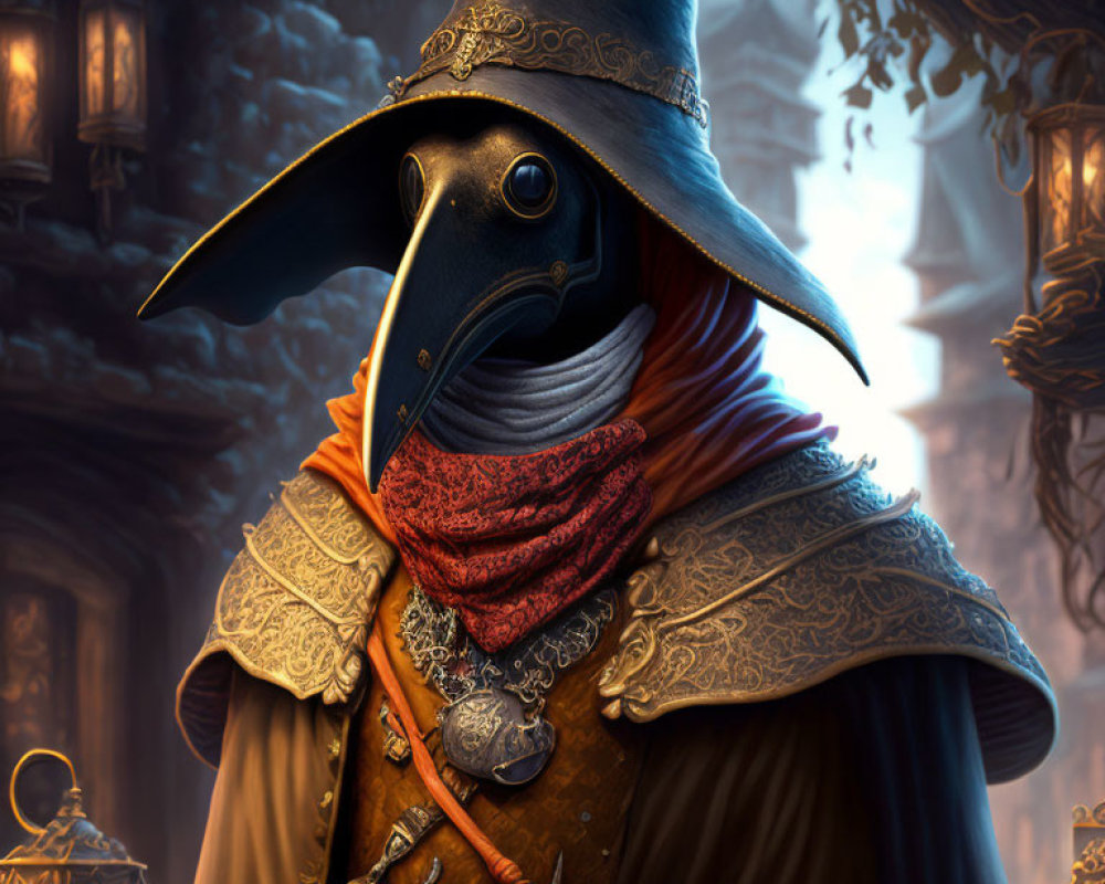 Detailed Illustration of Plague Doctor Figure in Beaked Mask and Red Scarf