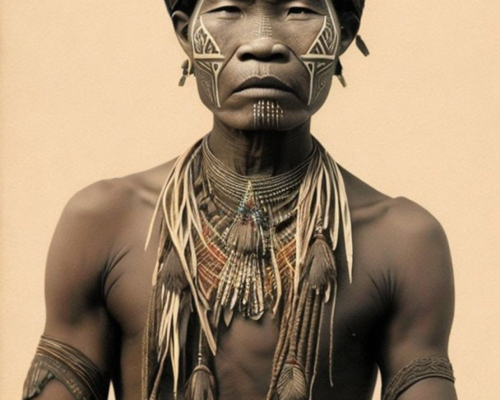 Man in Traditional Tribal Attire with Face Paint