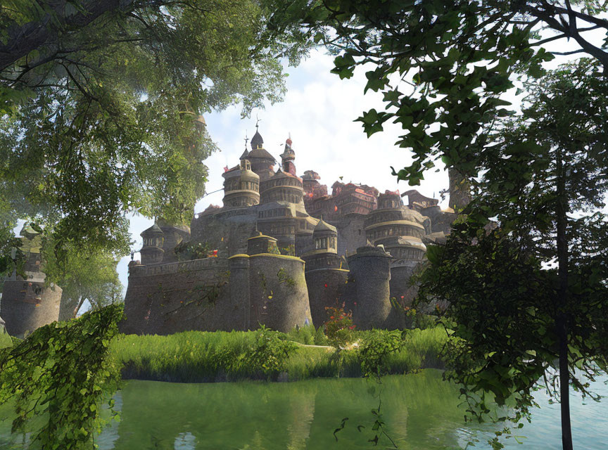 Digital artwork of grand castle in lush greenery by calm waters