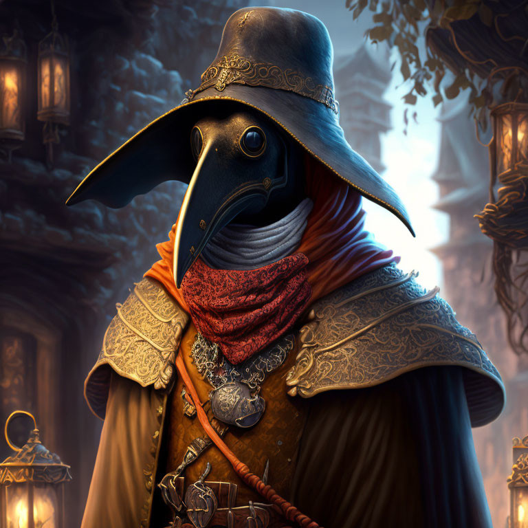 Detailed Illustration of Plague Doctor Figure in Beaked Mask and Red Scarf