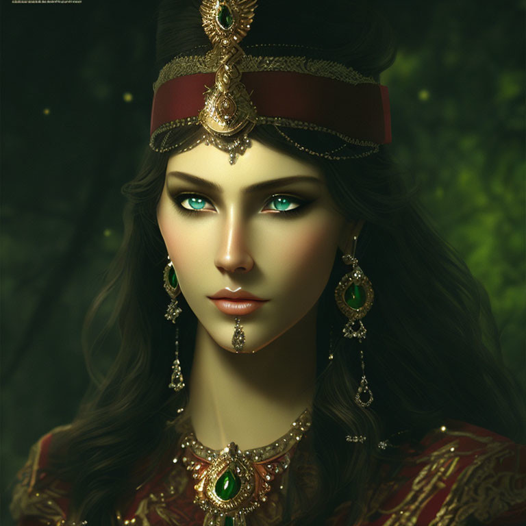 Portrait of woman with green eyes in decorative headdress and jewelry against dark forest backdrop