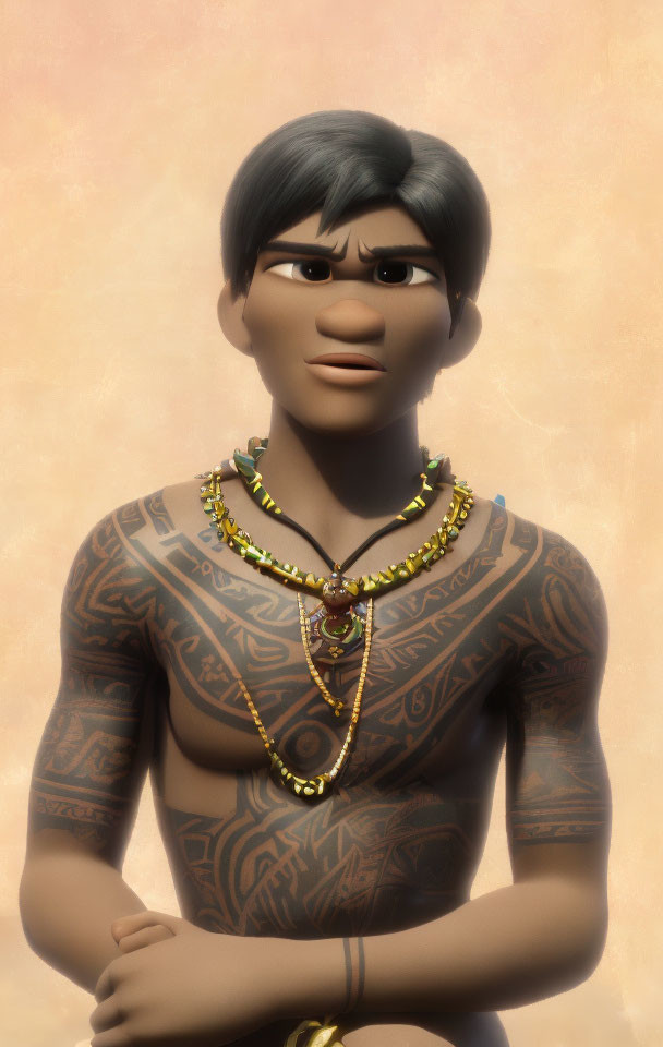 Young man with tribal tattoos and necklace against warm backdrop