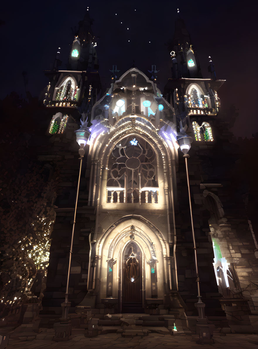 Gothic fantasy cathedral with illuminated windows at night