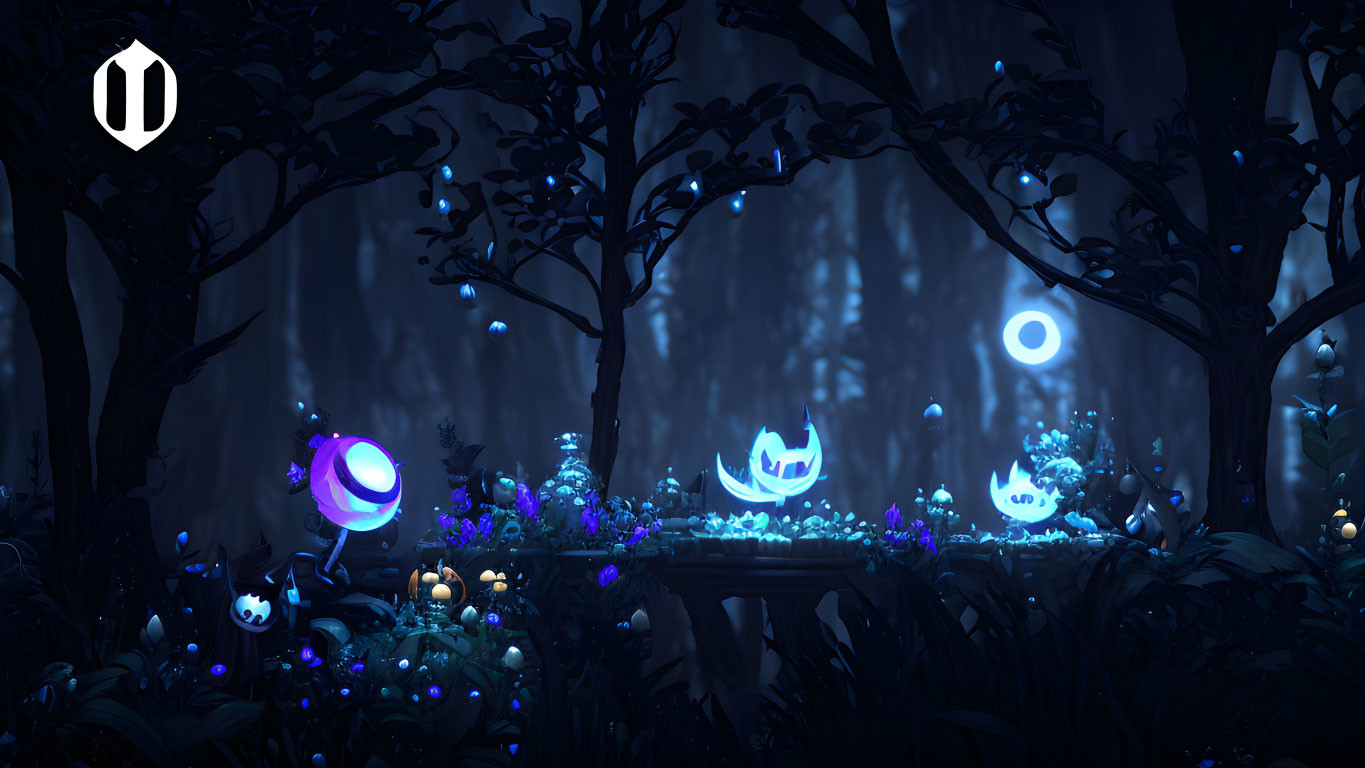 Mystical forest at night with glowing blue plants and whimsical trees