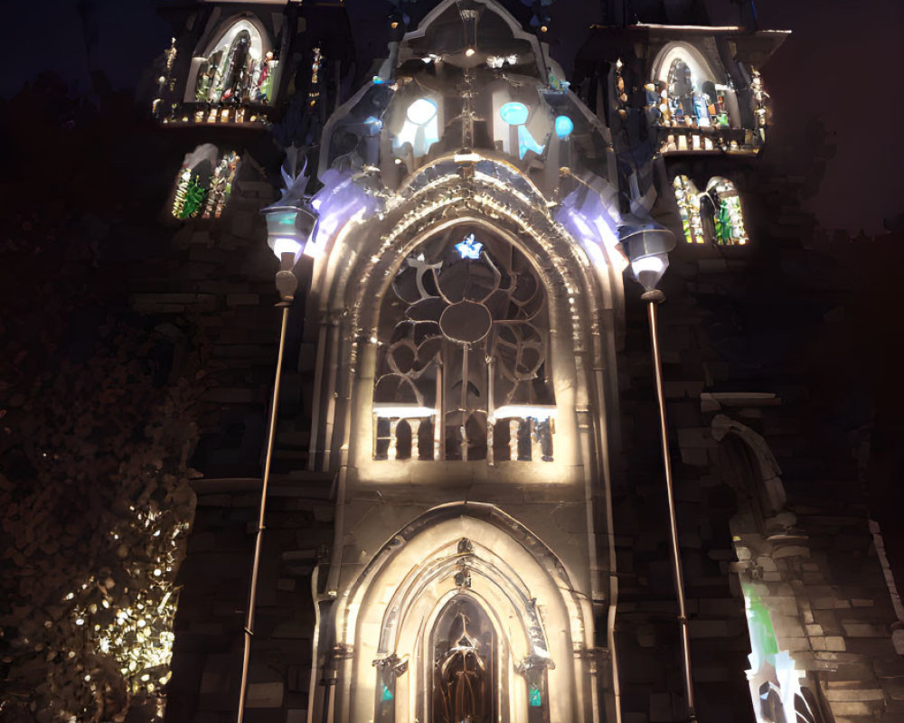 Gothic fantasy cathedral with illuminated windows at night