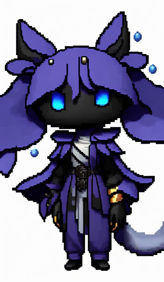 Blue-eyed pixel art character in dark attire with fox-like features and lantern.