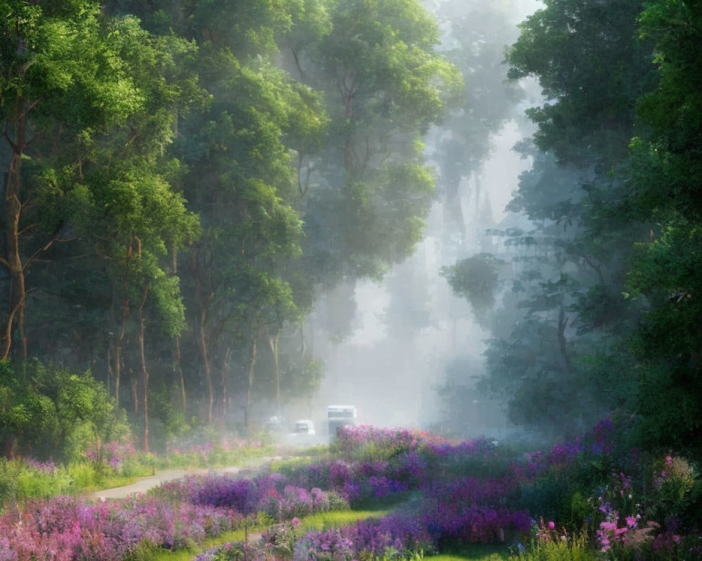 Tranquil forest road with purple flowers and green trees