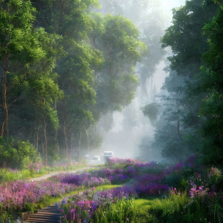 Tranquil forest road with purple flowers and green trees