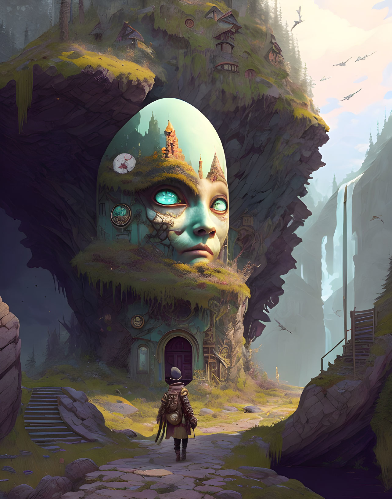 Mystical egg-shaped structure with human-like face in lush cliffside landscape