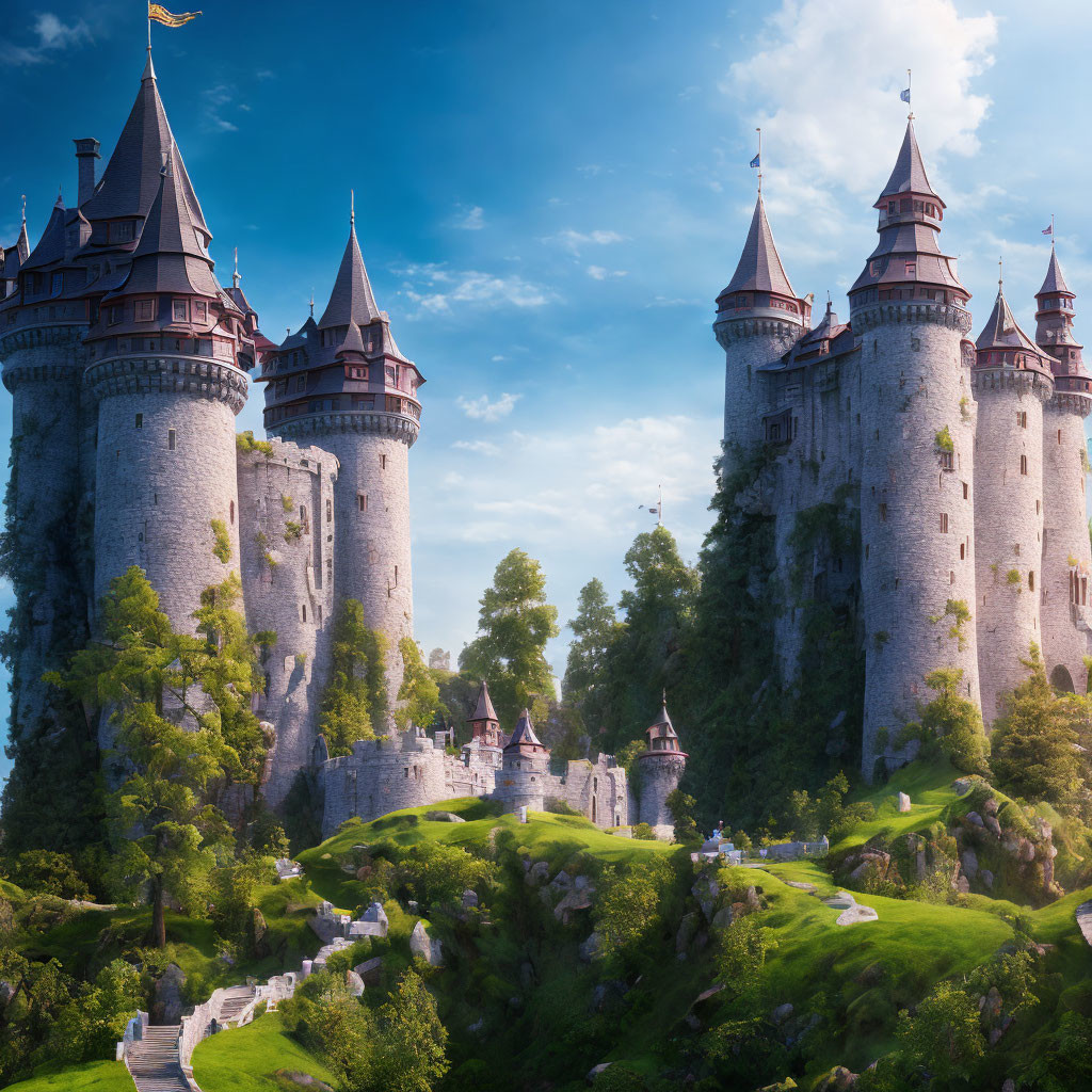 Fantasy castle with multiple towers on lush hilltop surrounded by trees