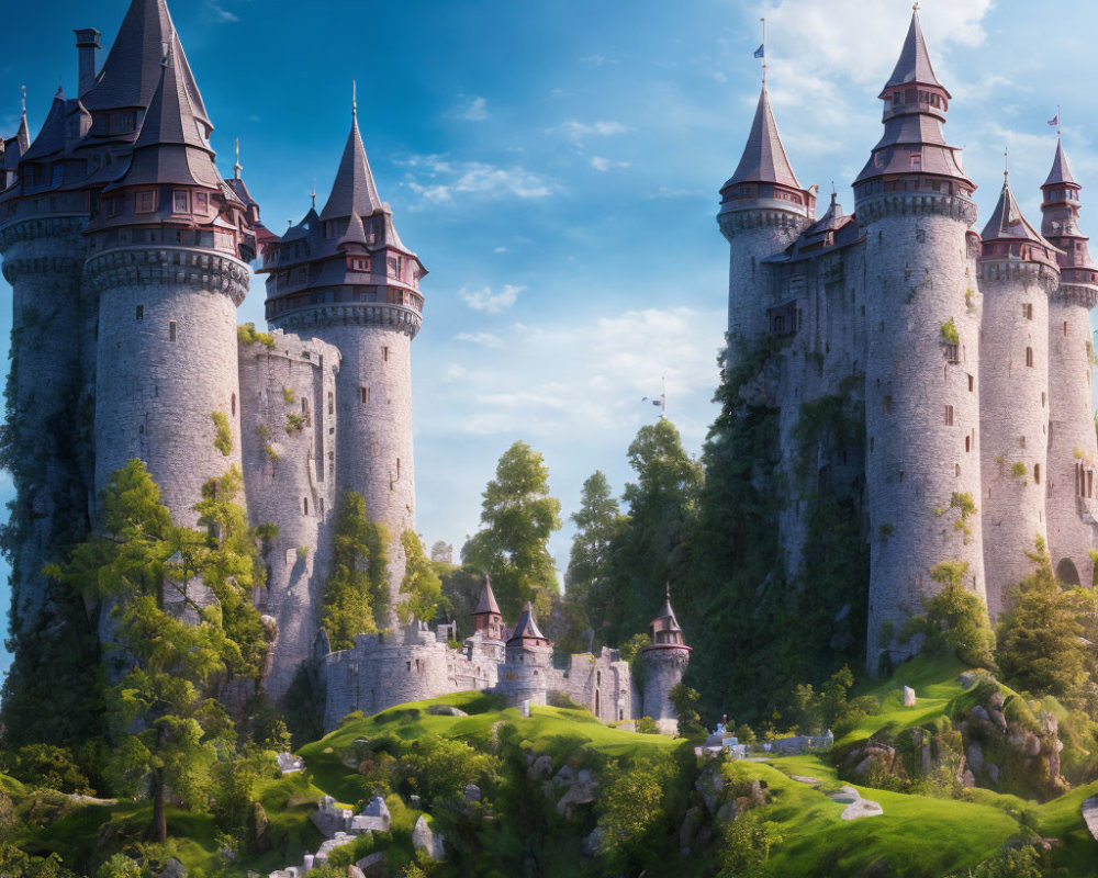 Fantasy castle with multiple towers on lush hilltop surrounded by trees