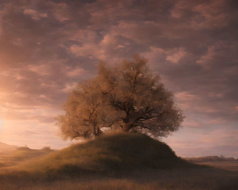 Solitary tree on grassy knoll at sunrise or sunset under dramatic sky