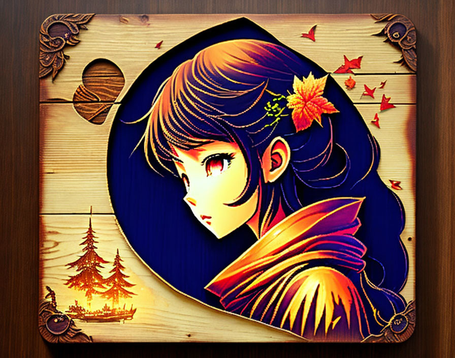 Stylized anime girl with autumn leaves in wooden frame