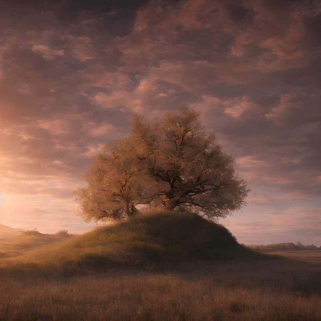 Solitary tree on grassy knoll at sunrise or sunset under dramatic sky