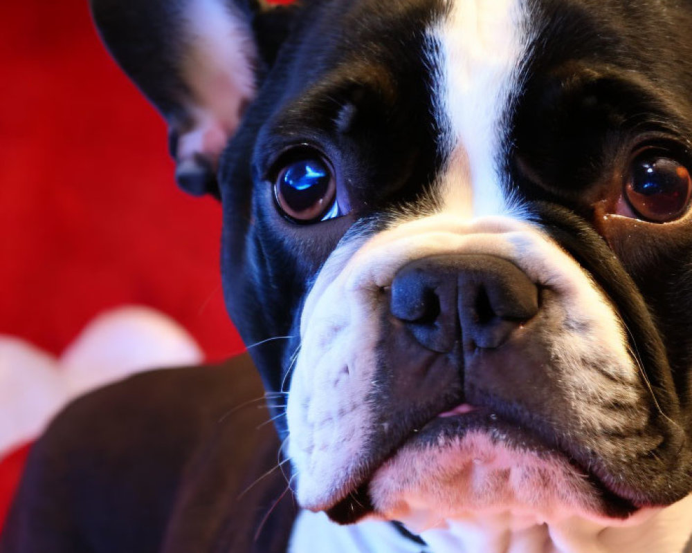 Boston Terrier with Black & White Coat on Red Background