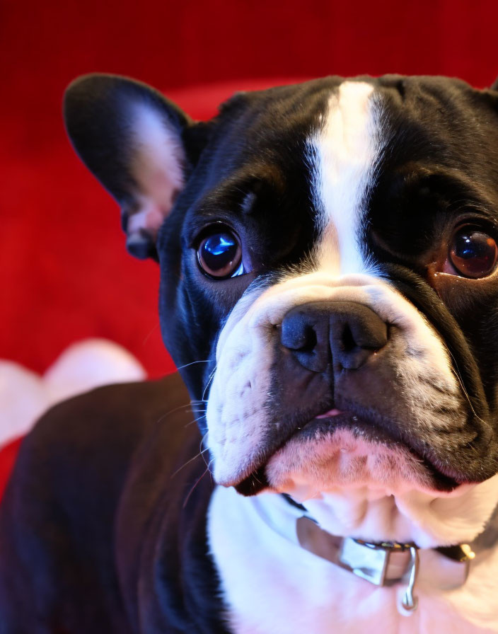 Boston Terrier with Black & White Coat on Red Background